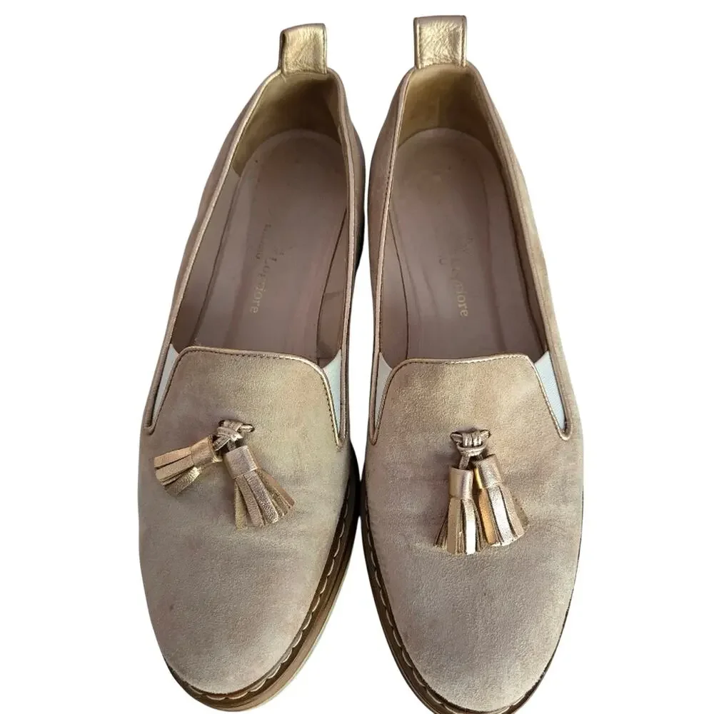 Michele Lopriore Cassidy Tan Suede Platform Loafers Tassel Euro Chic Size 37 7